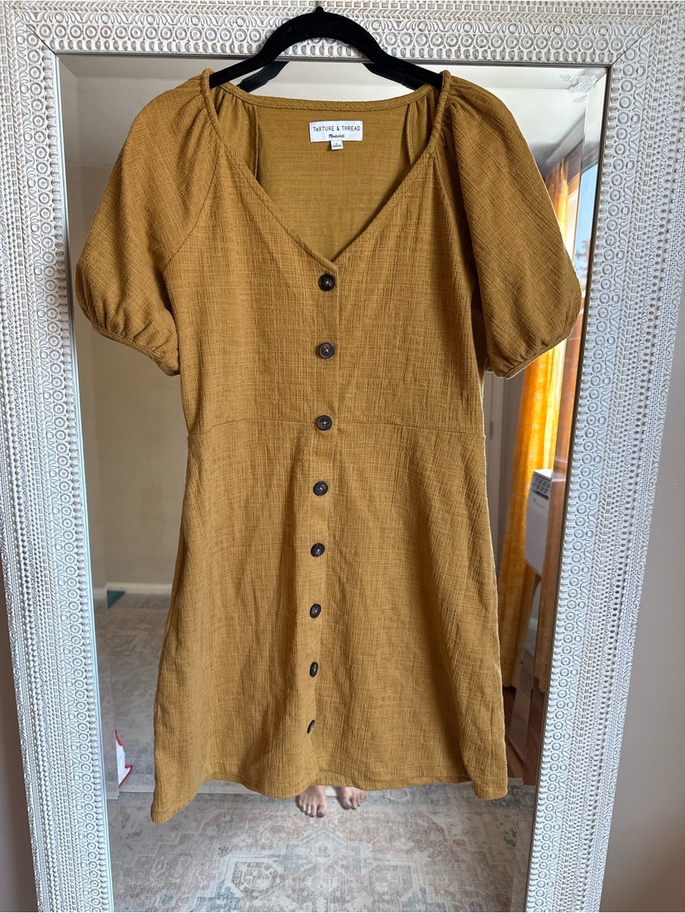 Madewell Mustard Button-Front Puff Sleeve Mini Dress - Picture 5 of 7